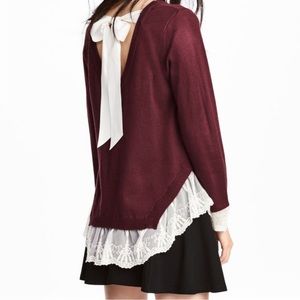 H&M Lace-trimmed Burgundy Sweater